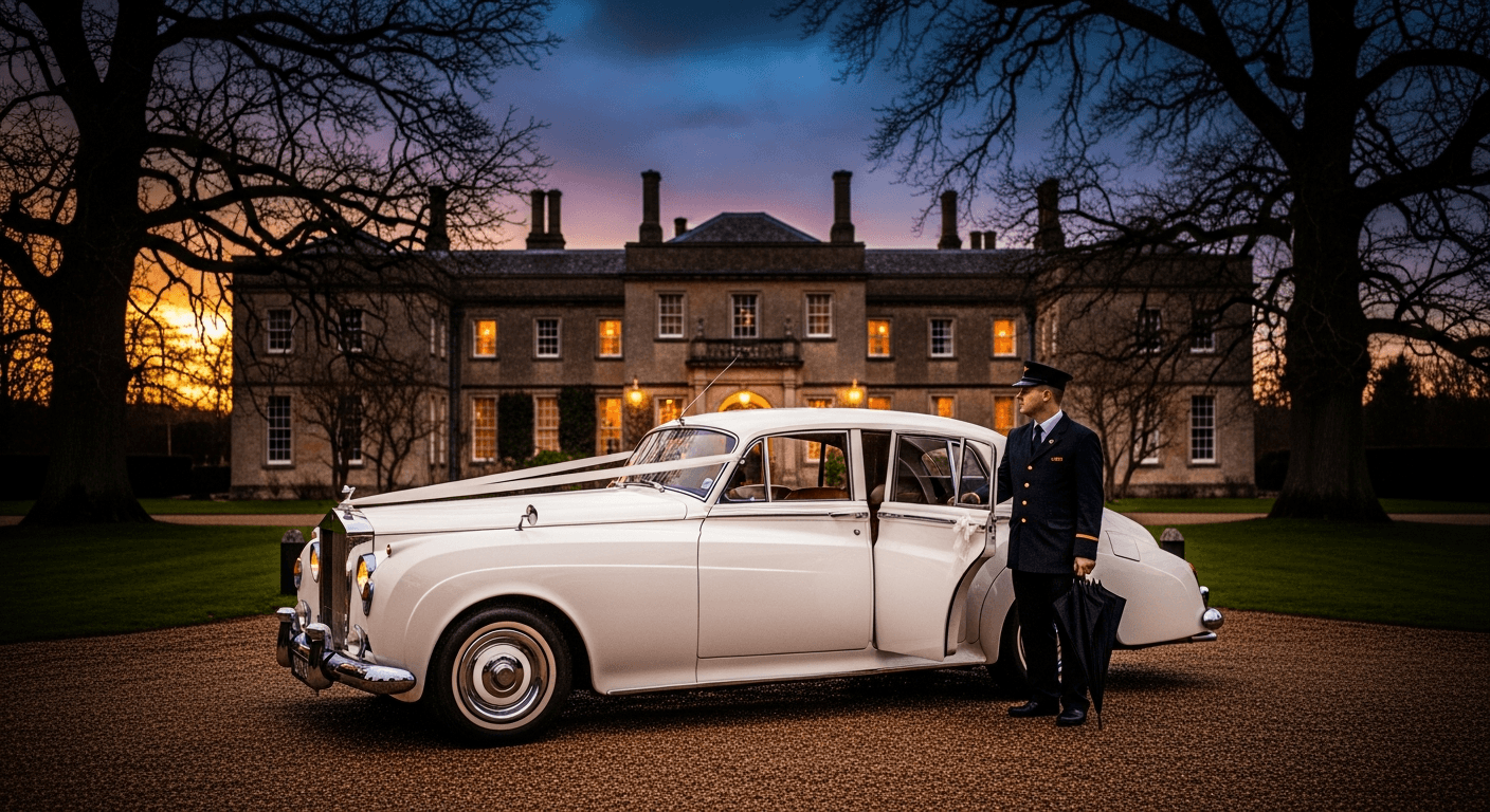 Vintage Rolls Royce waiting outside luxury estate