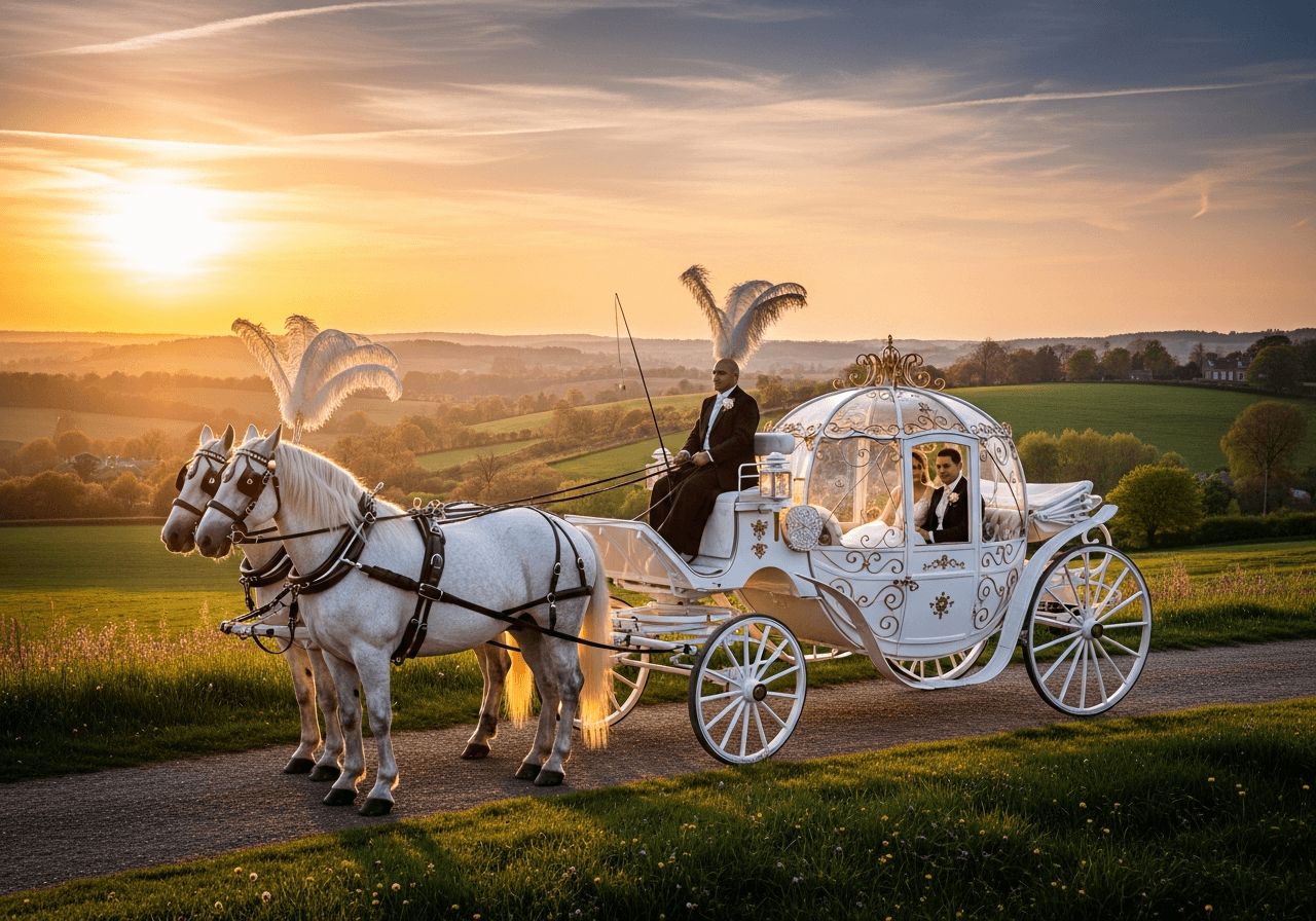Cinderella horse-drawn carriage at sunset