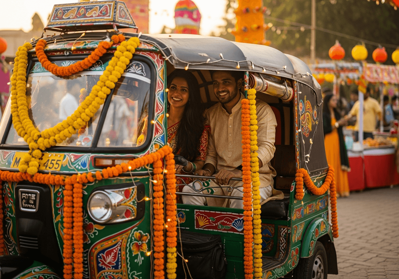 Rickshaw with garlands and lights